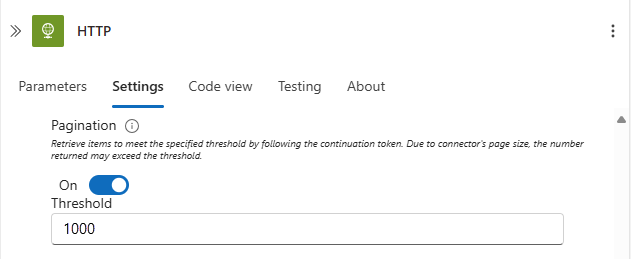 Skärmbild som visar åtgärdsinformationsfönstret med fliken Inställningar, sidnumrering inställd på På och ett tröskelvärde.