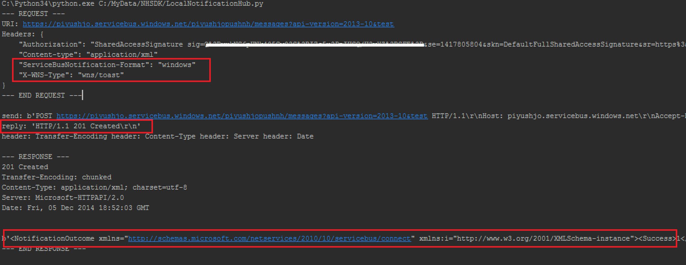 Skärmbild av en konsol med information om HTTP-begäran och svarsdump och meddelanden om notifikationsresultat markerade i rött.