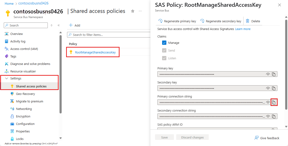 Skärmbild som visar en S A S-princip med namnet RootManageSharedAccessKey, som innehåller nycklar och anslutningssträng.