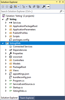 Skärmbild som visar Solution Explorer när programmet har skapats med hjälp av den ASP.NET grundläggande webb-API-tjänsten.