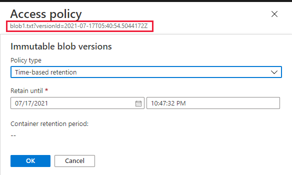 Screenshot som visar hur du konfigurerar kvarhållningsprincip för en tidigare blobversion i Azure portalen