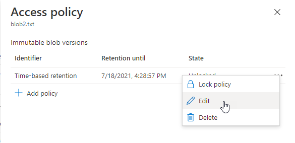 Screenshot som visar hur du redigerar en befintlig tidsbaserad kvarhållningsprincip på versionsnivå i Azure portalen