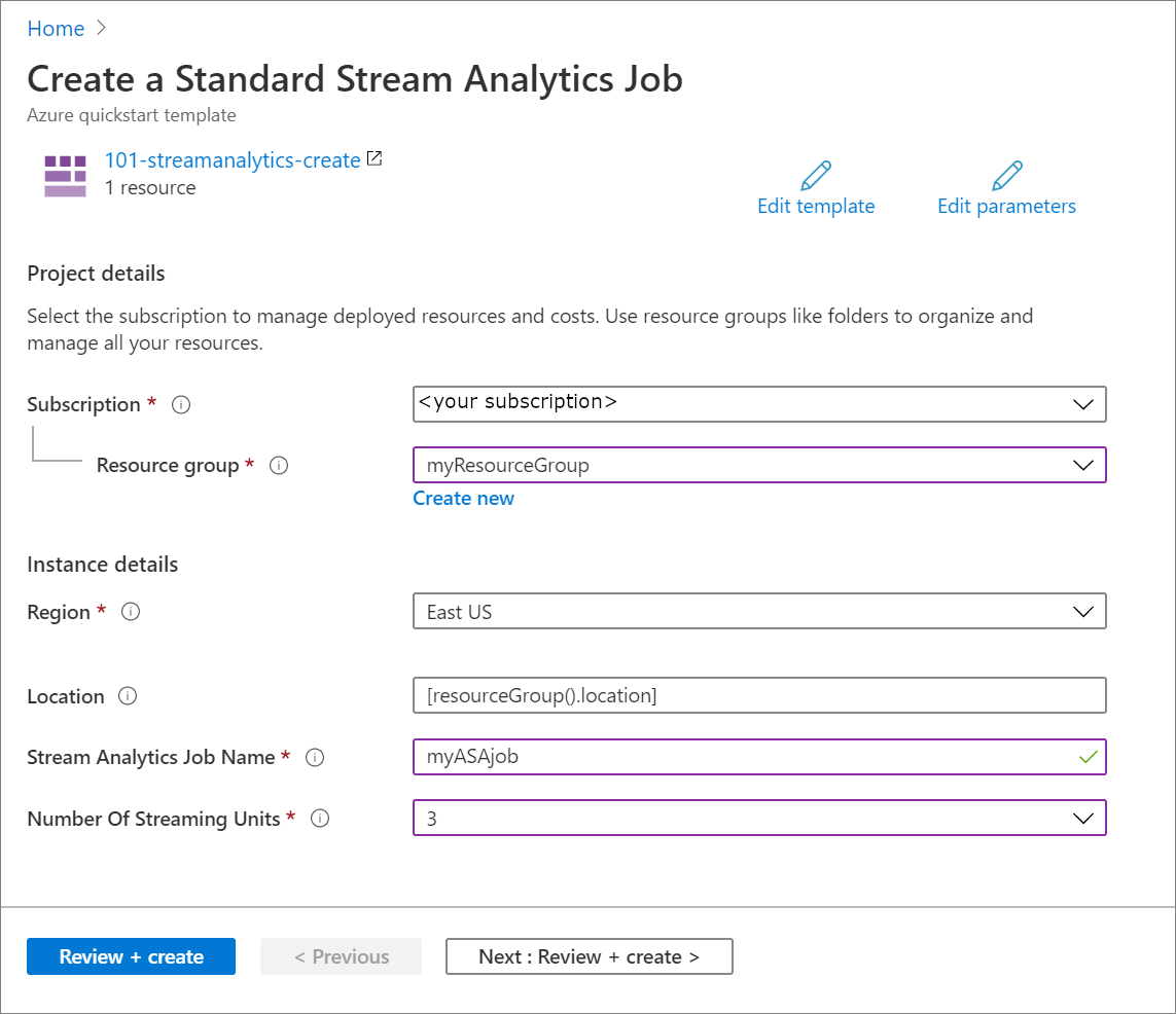 Skärmdump av Azure Portals anpassade distributionssida som visar egenskapsfälten för att skapa ett Azure Stream Analytics-jobb från en ARM-mall.