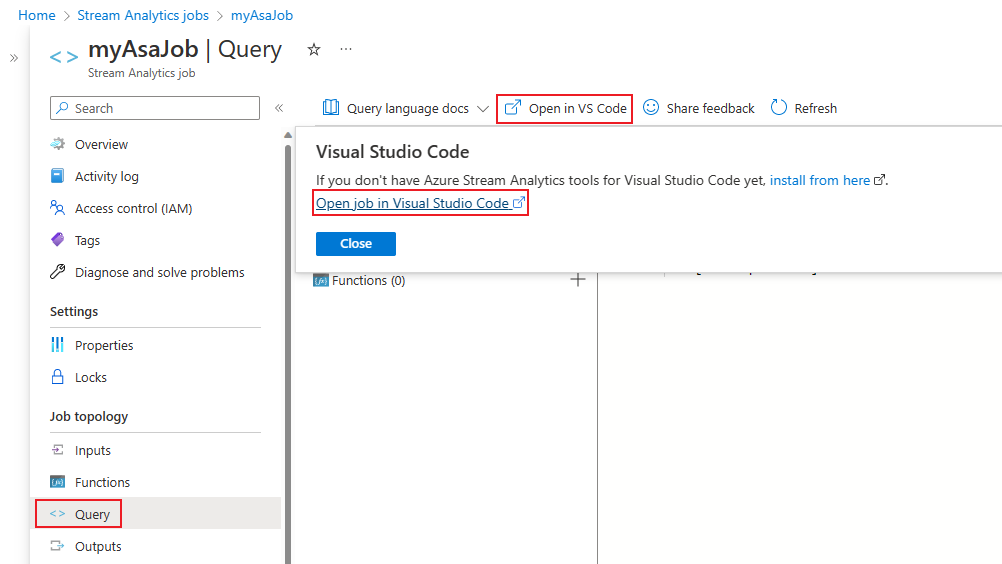 Öppna Stream Analytics-jobb i Visual Studio Code