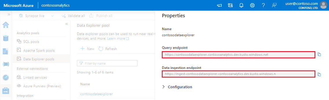 Skärmbild av egenskapsfönstret Data Explorer pooler med URI-adresserna Fråga och Datainmatning.