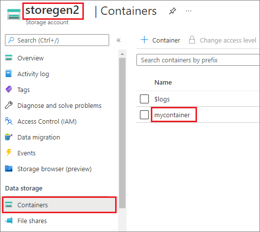 Skärmbild av ett Data Lake Storage Gen2-lagringskonto.