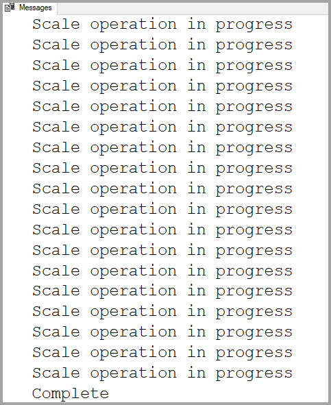 En skärmbild från SQL Server Management Studio som visar resultatet av frågan för att övervaka den dedikerade SQL-poolens åtgärdsstatus. En serie rader med 'skalningsåtgärd pågår' visas, som avslutas med en rad som lyder 'Slutförd'.