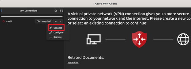 Skärmbild av Azure VPN-klienten för Linux Connect.