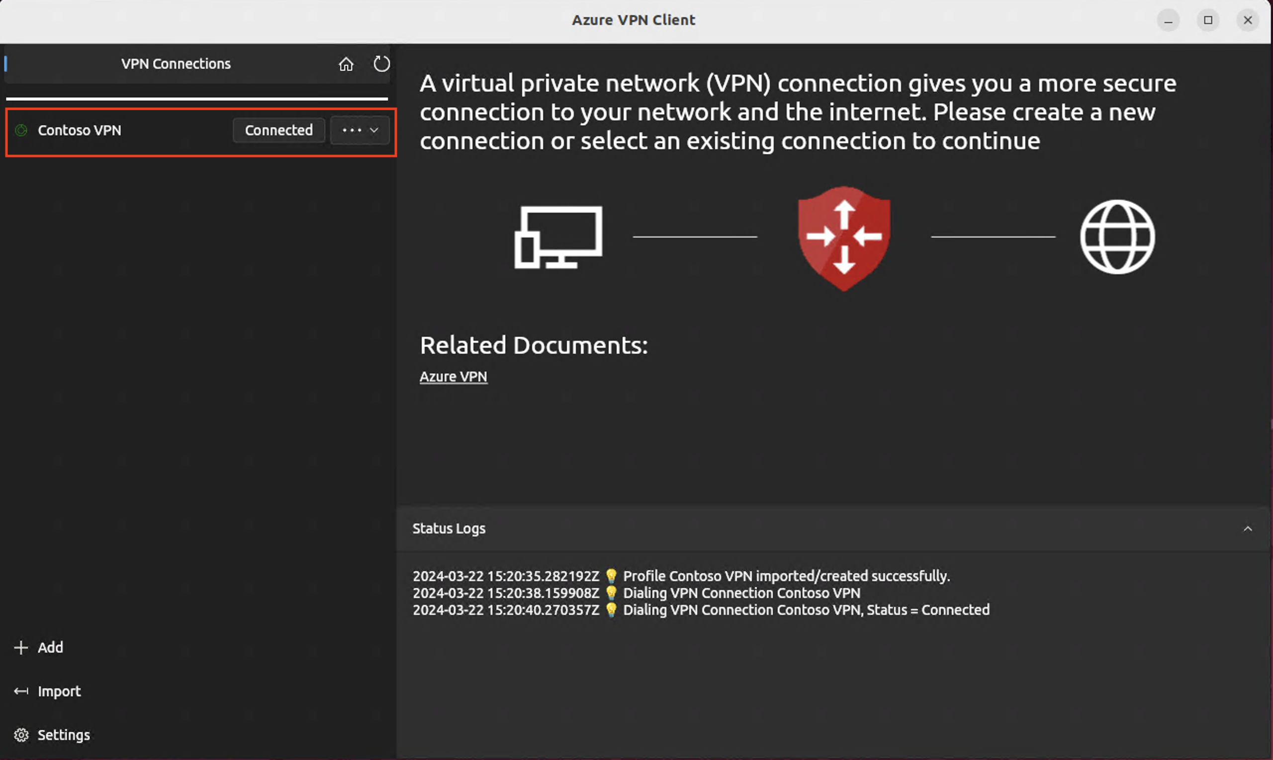 Skärmbild av VPN-klienten med fönstret för statusloggar som visar ansluten.