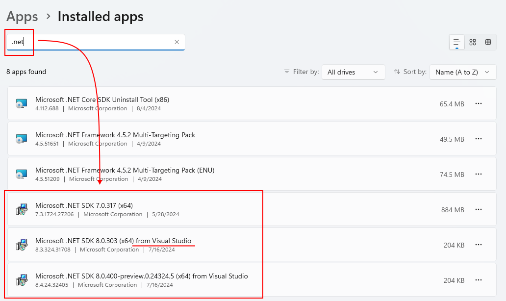 Dialogrutan Windows Installerade appar med ordet 