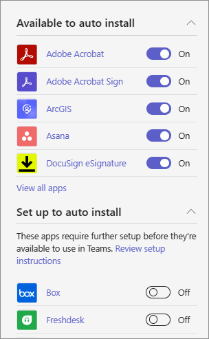 Screenshot showing Auto install approved apps feature toggle option and list of apps that are available in the org-wide app settings in admin center.