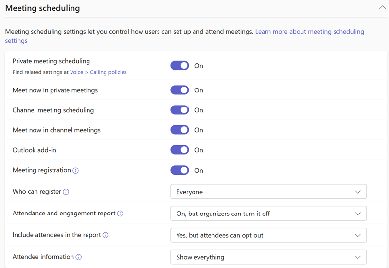 Screenshot of Teams meeting scheduling policies in the Teams admin center.