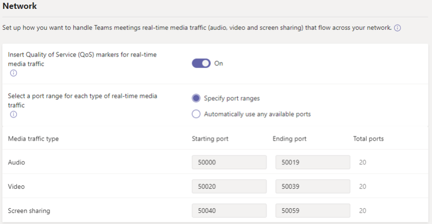 Screenshot of the network settings for Teams meetings in the Microsoft Teams admin center Screenshot of the network settings for meetings in the admin center.
