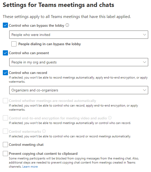 Screenshot of meeting sensitivity label settings showing configuration in this procedure.