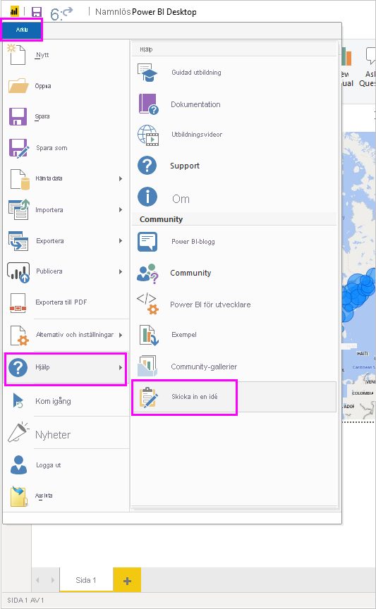 Skärmbild av menyalternativet Skicka en idé i Power BI Desktop.