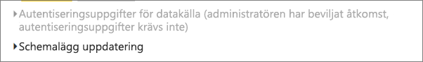 Skärmbild av avsnittet med autentiseringsuppgifter för datakällan nedtonad när du använder en lokal datagateway som hanteras av gatewayadministratörer.