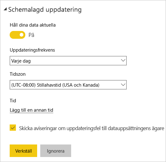 Skärmbild av inställningar för schemalagd uppdatering som visar frekvens och tidsintervall för en semantisk modell.
