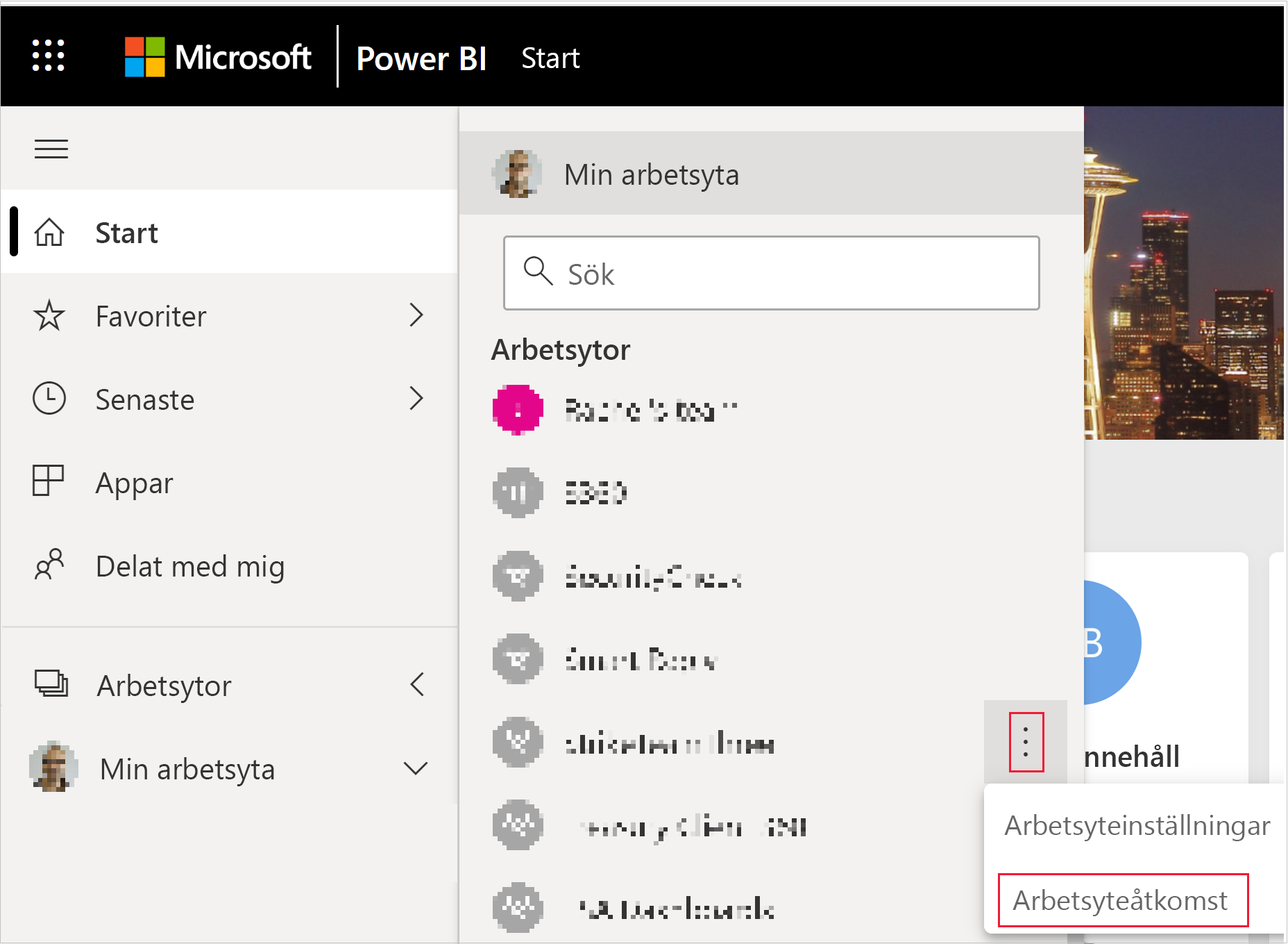 Skärmbild som visar knappen för arbetsytaåtkomst i menyn Mer på en Power BI-arbetsyta.