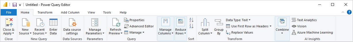 Skärmbild av Power BI Desktop som visar frågebandet i Power Query-redigeraren.