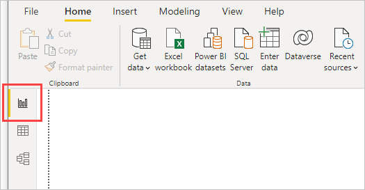 Skärmbild av Power BI Desktop som visar rapportvyn vald.