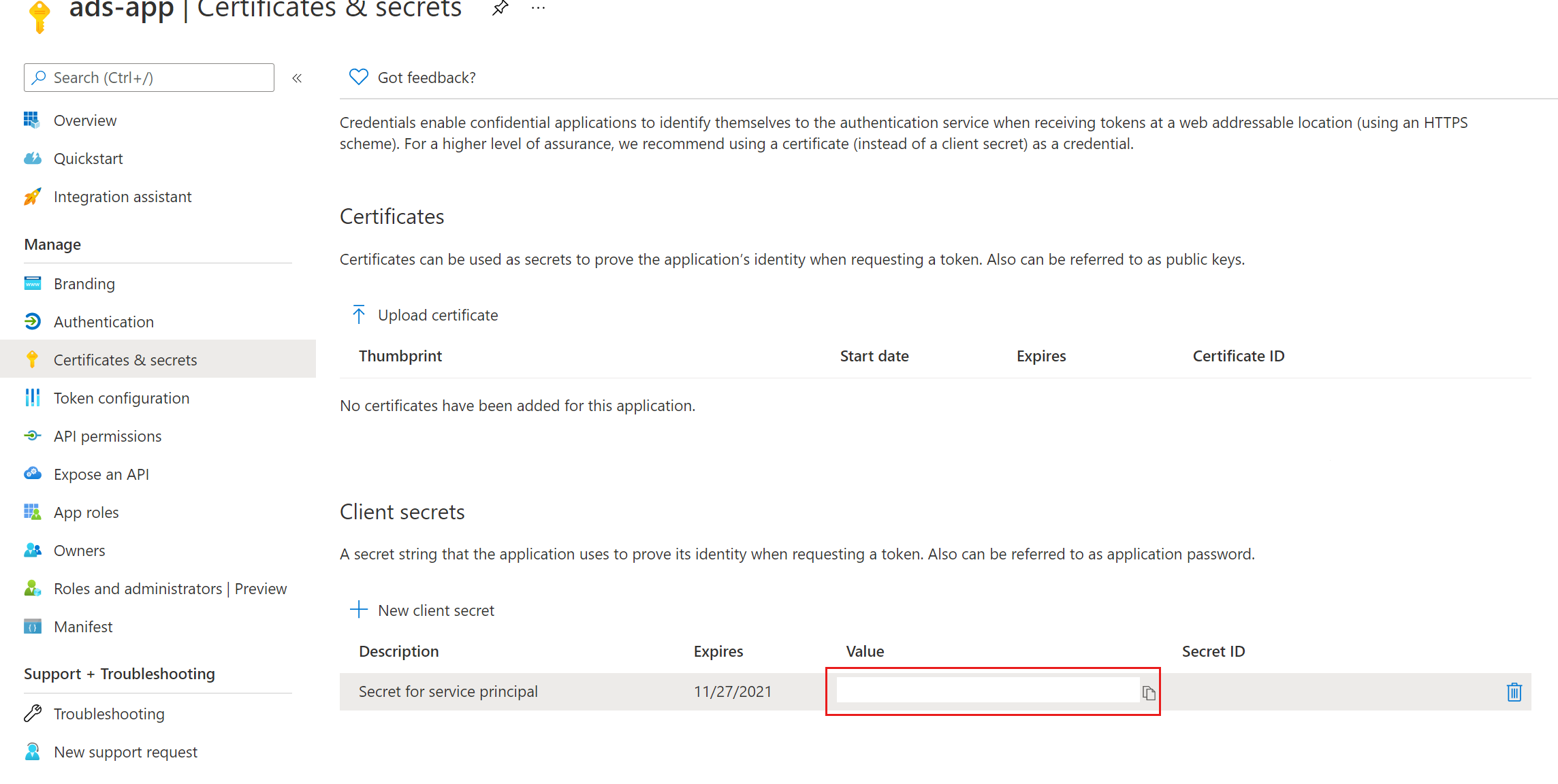 Screenshot that shows the client secret.