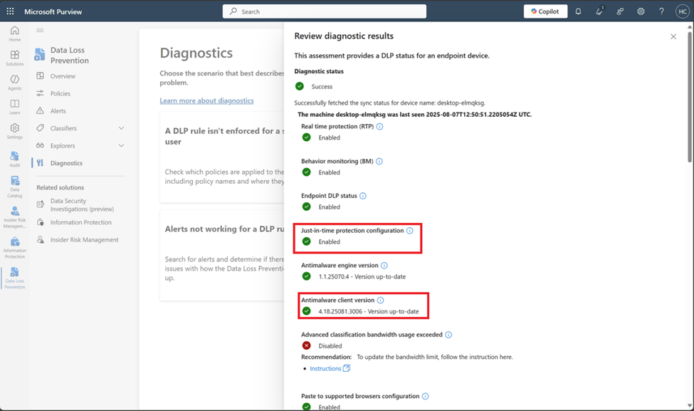 Screenshot of the review diagnostics flyout that shows the antimalware client version for the selected device