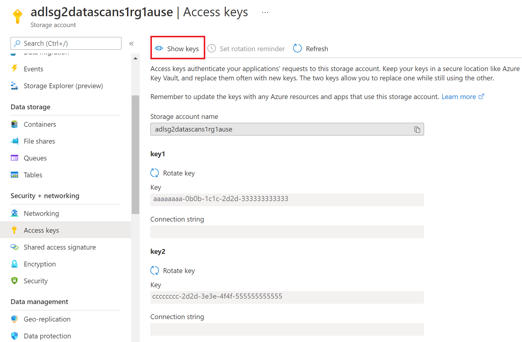 Screenshot that shows the access keys in the storage account