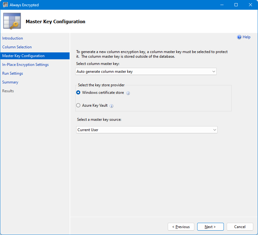 Skärmbild av huvudnyckelval i Always Encrypted-guiden med hjälp av certifikatarkivet.