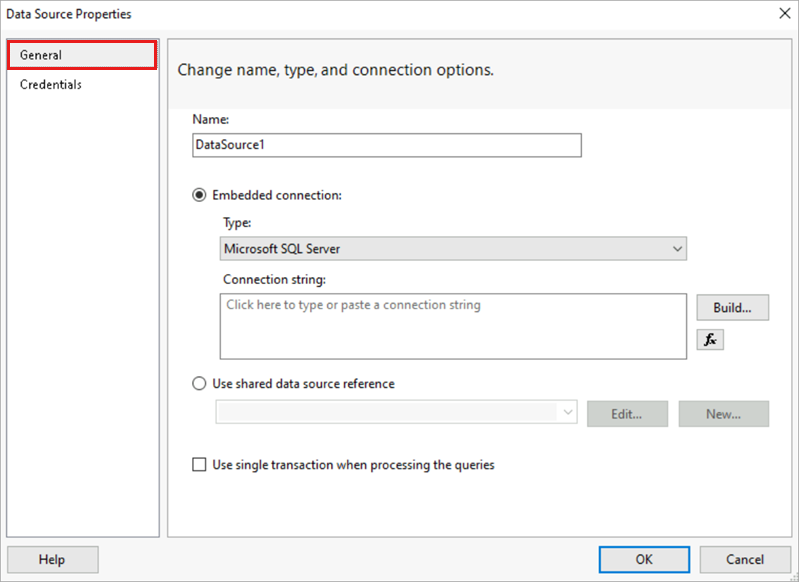 Skärmbild av dialogrutan Egenskaper för datakälla.