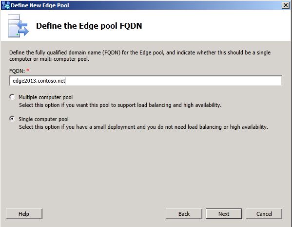 Define the Edge Pool FQDN dialog box.