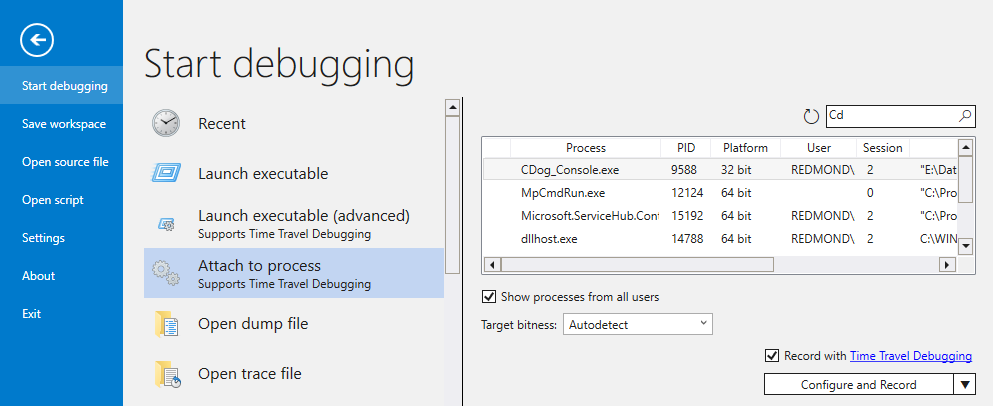 Skärmbild av WinDbg som visar kryssrutan 'börja spela in' på Bifoga till process-skärmen.