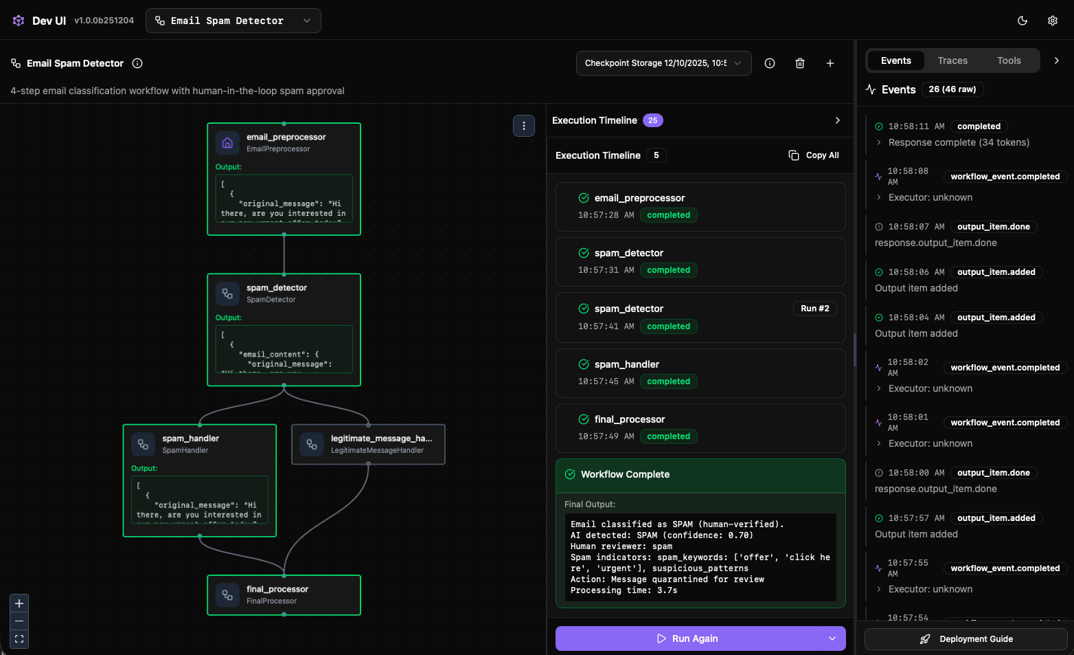 DevUI-instrumentpanel för Agent Framework som visar agentkatalog och spårning
