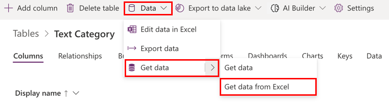 Skärmbild som visar Hämta data från Excel.