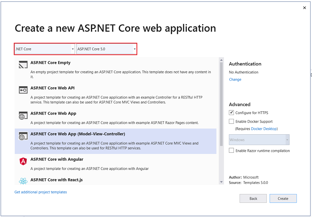 New ASP.NET Core Project dialog