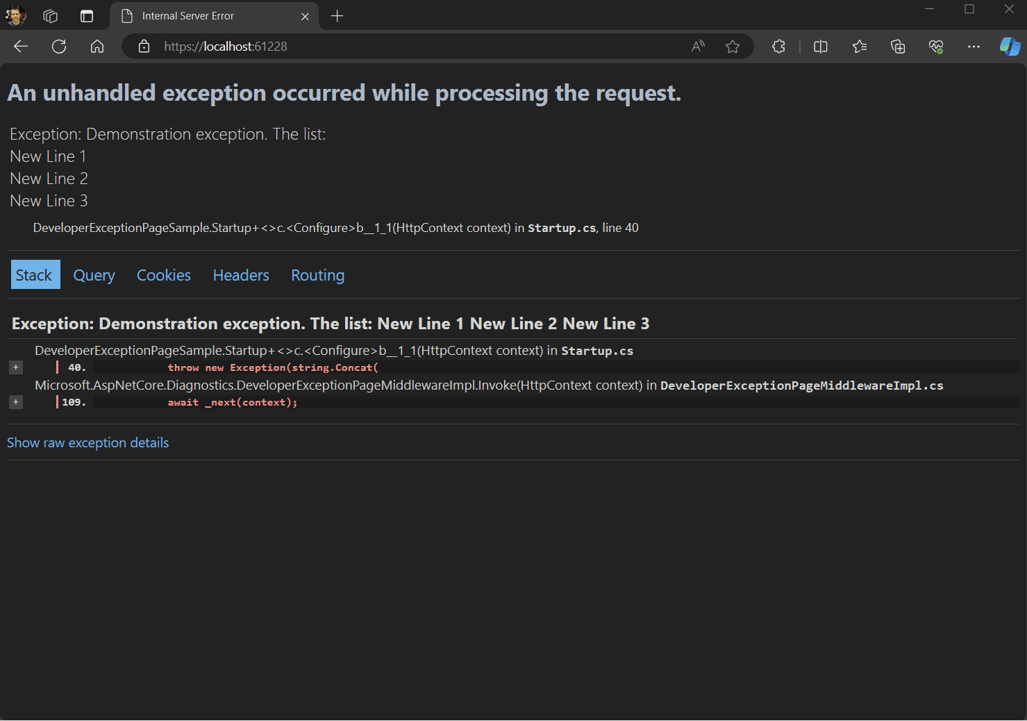 Den nya undantagssidan för utvecklare