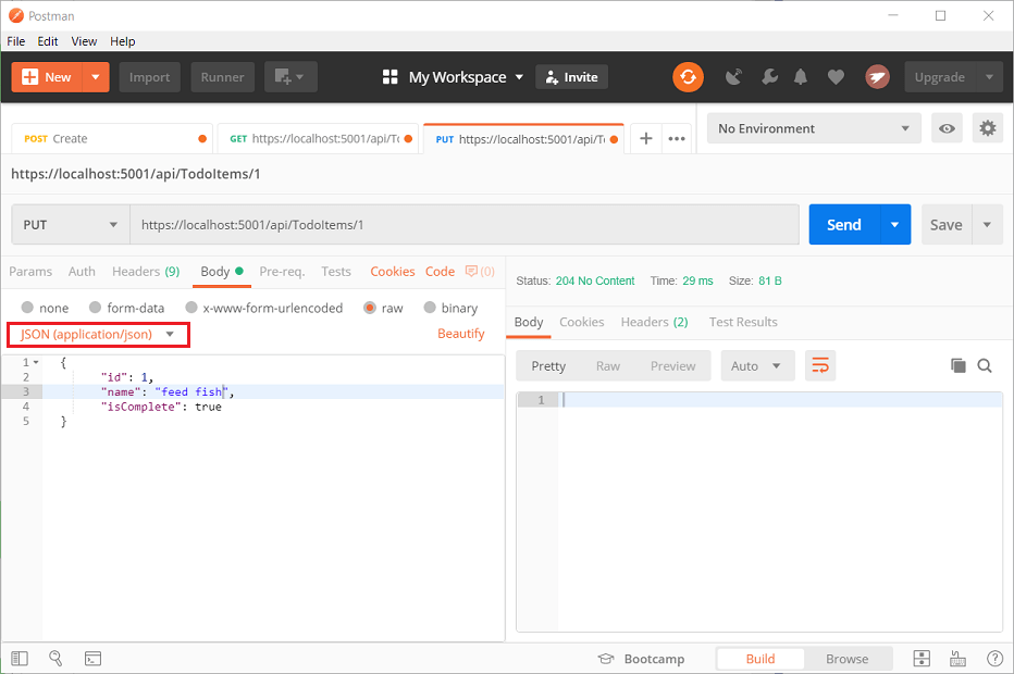 Postman console showing 204 (No Content) response