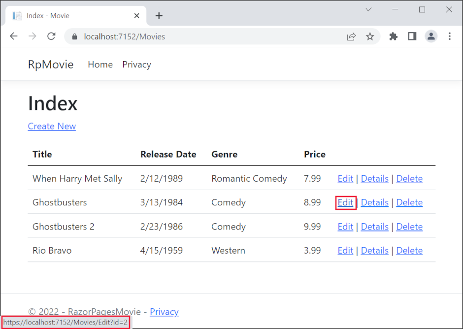 Webbläsarfönstret visas med muspekaren över länken Redigera och länken URL https://localhost:1234/Movies/Edit/5