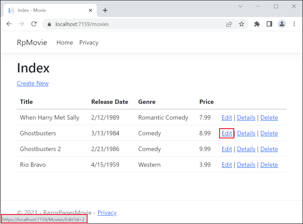 Webbläsarfönstret visas med muspekaren över länken Redigera och länken URL https://localhost:1234/Movies/Edit/5