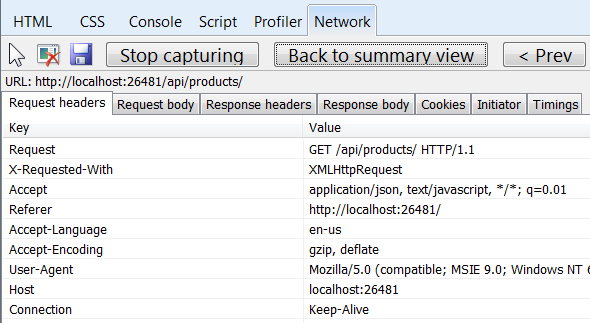 Screenshot of the H T T P request and response message dialog, showing an example of an individual A P I request response.