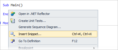 Right-click where you want to insert the code snippet and select Insert Snippet