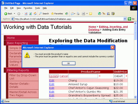 Valideringsfelen sammanfattas i en Client-Side meddelanderuta