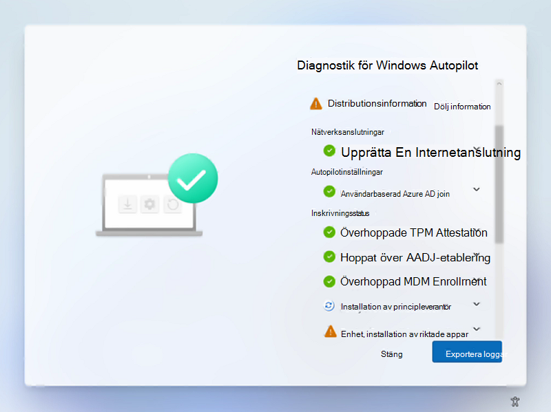 Sidan Windows Autopilot-diagnostik expanderad för att visa information.