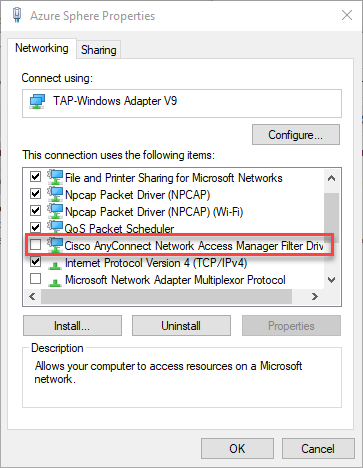 EGENSKAPER för TAP-Windows-kort som visar Cisco AnyConnect-objekt avmarkerat