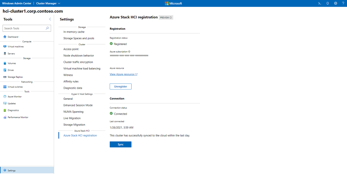 Skärmbild som visar val för att hämta registreringsinformation för Azure Stack H C I.