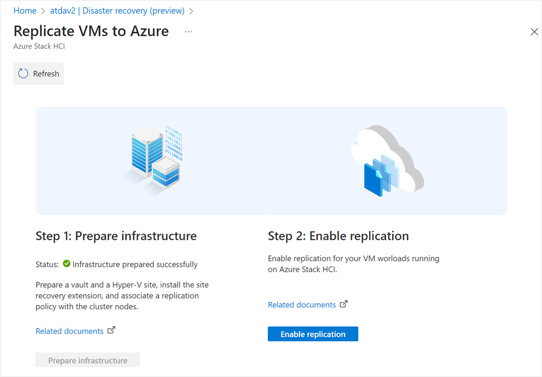 Skärmbild av Aktivera replikering i Azure Portal för Azure Stack HCI-klusterresurs.