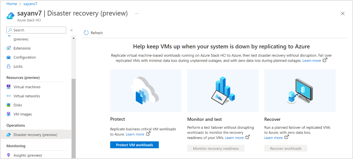 Skärmbild av Skydda VM-arbetsbelastningar i Azure Portal för Azure Stack HCI-klusterresurs.