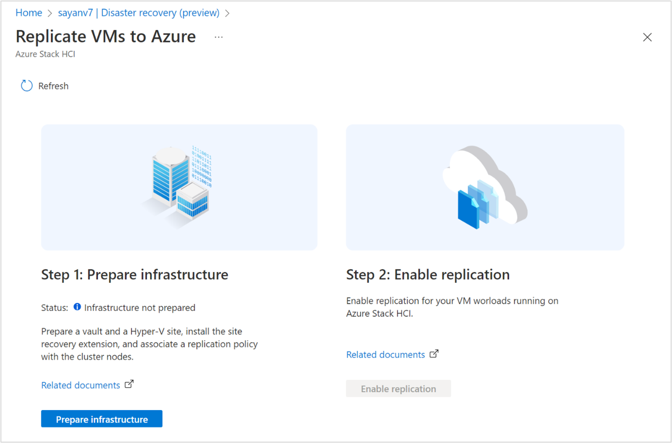 Skärmbild av Förbereda infrastrukturen i Azure Portal för Azure Stack HCI-klusterresurs.