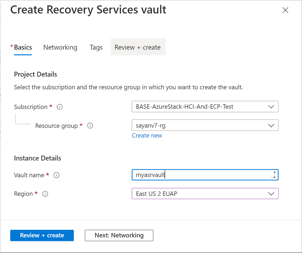 Skärmbild av Skapa Recovery Services-valv i Azure Portal för Azure Stack HCI-klusterresurs.
