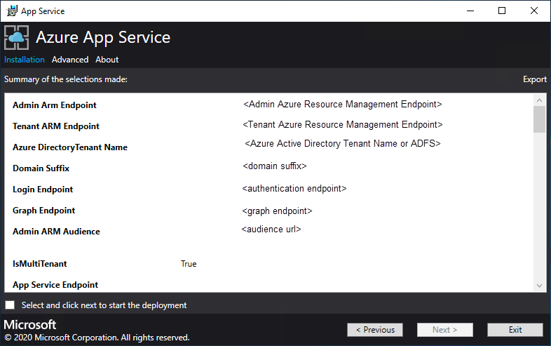 Skärmbild som visar sammanfattningen av de alternativ som angetts för distribution av App Service Installer