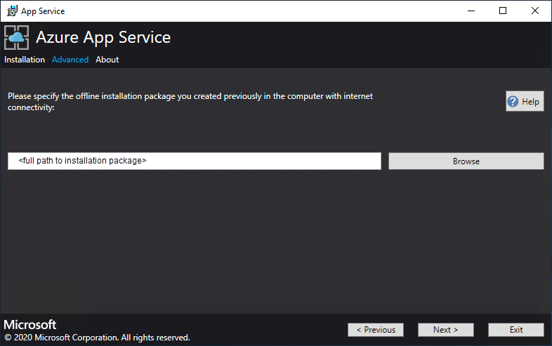 Ange offlineinstallationspaketsökväg Azure App Service Installationsprogram